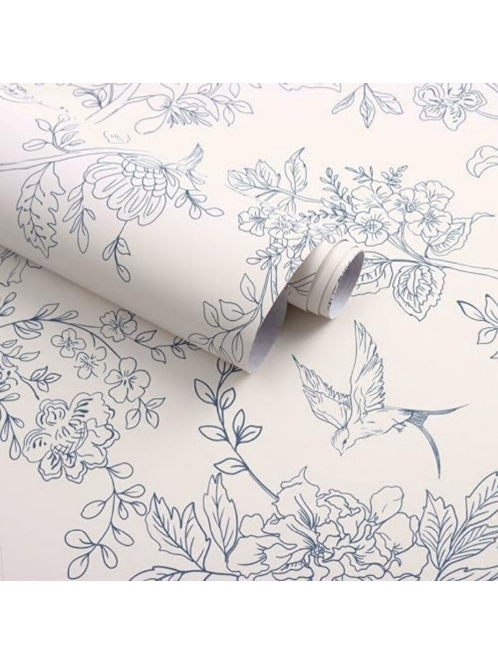 Floral Peel and Stick Wallpaper - Cream White & Blue Contact Paper for Easy